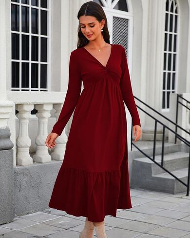 Women's Dresses Fall Long Sleeve V Neck Twist Knot Front 2024 Casual Pleated Winter Thicker Maxi Dress with Pockets in Saudi Arabia