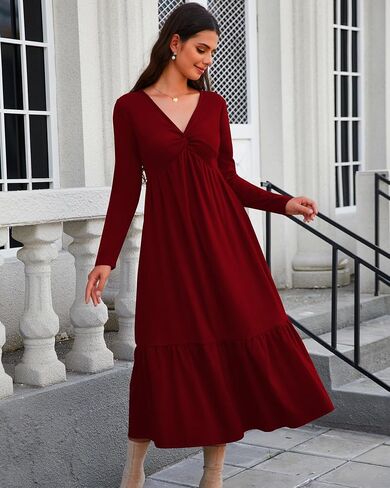 Women's Dresses Fall Long Sleeve V Neck Twist Knot Front 2024 Casual Pleated Winter Thicker Maxi Dress with Pockets in Saudi Arabia