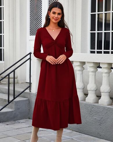 Women's Dresses Fall Long Sleeve V Neck Twist Knot Front 2024 Casual Pleated Winter Thicker Maxi Dress with Pockets in Saudi Arabia