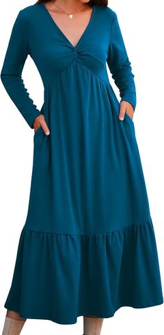 Women's Dresses Fall Long Sleeve V Neck Twist Knot Front 2024 Casual Pleated Winter Thicker Maxi Dress with Pockets in Saudi Arabia