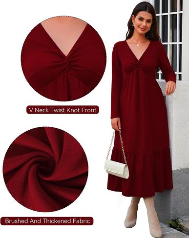 Women's Dresses Fall Long Sleeve V Neck Twist Knot Front 2024 Casual Pleated Winter Thicker Maxi Dress with Pockets in Saudi Arabia