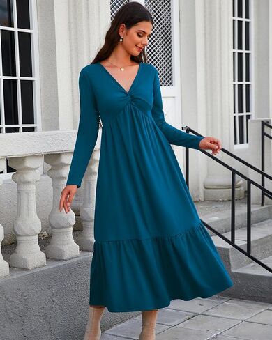Women's Dresses Fall Long Sleeve V Neck Twist Knot Front 2024 Casual Pleated Winter Thicker Maxi Dress with Pockets in Saudi Arabia
