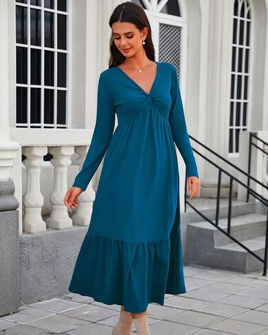 Women's Dresses Fall Long Sleeve V Neck Twist Knot Front 2024 Casual Pleated Winter Thicker Maxi Dress with Pockets in Saudi Arabia
