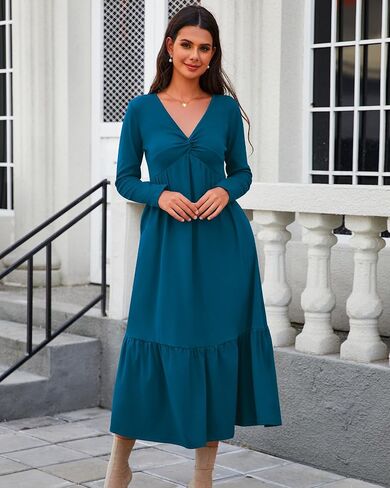 Women's Dresses Fall Long Sleeve V Neck Twist Knot Front 2024 Casual Pleated Winter Thicker Maxi Dress with Pockets in Saudi Arabia