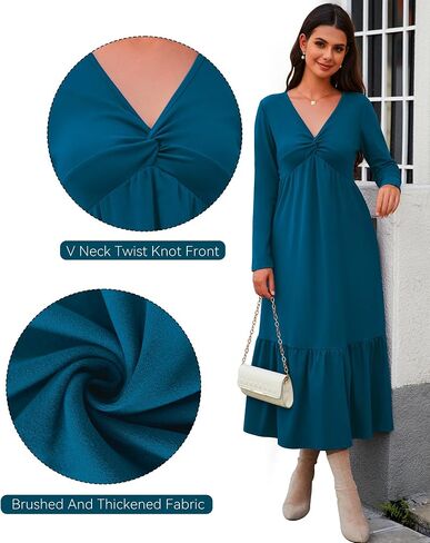 Women's Dresses Fall Long Sleeve V Neck Twist Knot Front 2024 Casual Pleated Winter Thicker Maxi Dress with Pockets in Saudi Arabia