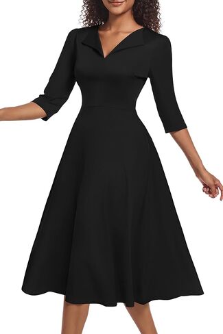 Nmoder Casual Midi Dress for Women 3/4 Sleeve A-Line Swing Dress Lapel Collar V Neck Flowy Church Dresses in Saudi Arabia