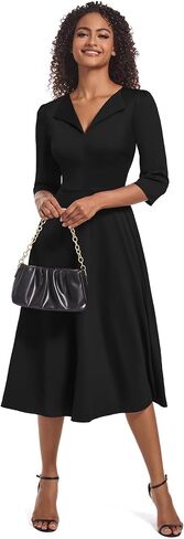Nmoder Casual Midi Dress for Women 3/4 Sleeve A-Line Swing Dress Lapel Collar V Neck Flowy Church Dresses in Saudi Arabia