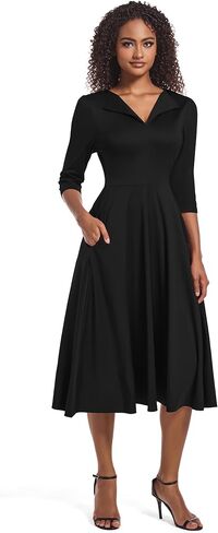 Nmoder Casual Midi Dress for Women 3/4 Sleeve A-Line Swing Dress Lapel Collar V Neck Flowy Church Dresses in Saudi Arabia