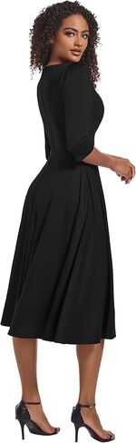 Nmoder Casual Midi Dress for Women 3/4 Sleeve A-Line Swing Dress Lapel Collar V Neck Flowy Church Dresses in Saudi Arabia