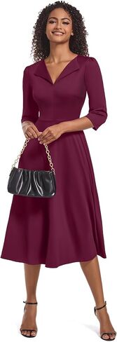 فستان Nmoder كاجوال متوسط ​​الطول للنساء 3/4 كم فستان متأرجح على شكل حرف A وياقة على شكل V ورقبة على شكل V فساتين كنيسة واسعة in Kuwait