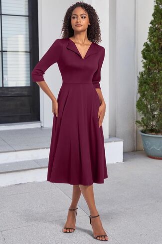 فستان Nmoder كاجوال متوسط ​​الطول للنساء 3/4 كم فستان متأرجح على شكل حرف A وياقة على شكل V ورقبة على شكل V فساتين كنيسة واسعة in Kuwait