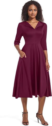 فستان Nmoder كاجوال متوسط ​​الطول للنساء 3/4 كم فستان متأرجح على شكل حرف A وياقة على شكل V ورقبة على شكل V فساتين كنيسة واسعة in Kuwait