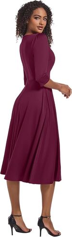 فستان Nmoder كاجوال متوسط ​​الطول للنساء 3/4 كم فستان متأرجح على شكل حرف A وياقة على شكل V ورقبة على شكل V فساتين كنيسة واسعة in Kuwait