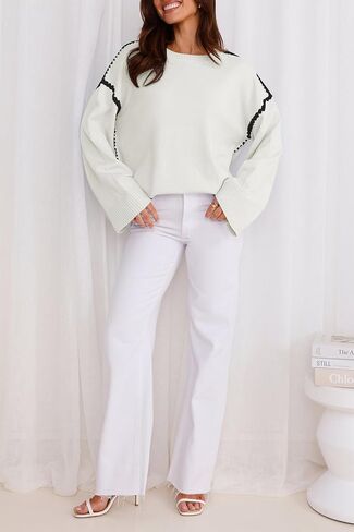 Women's Oversized Sweaters Loose Fit Fall Crewneck Color Block Knit Pullover Sweater Tops in Saudi Arabia