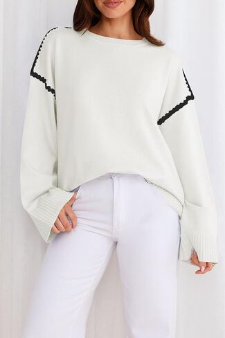 Women's Oversized Sweaters Loose Fit Fall Crewneck Color Block Knit Pullover Sweater Tops in Saudi Arabia