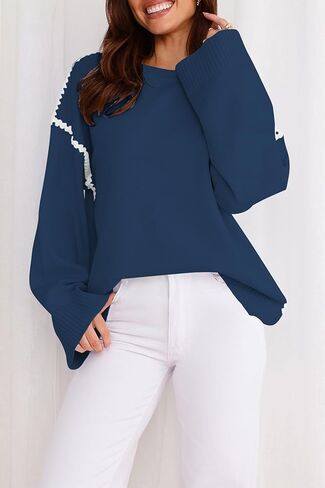 Women's Oversized Sweaters Loose Fit Fall Crewneck Color Block Knit Pullover Sweater Tops in Kuwait