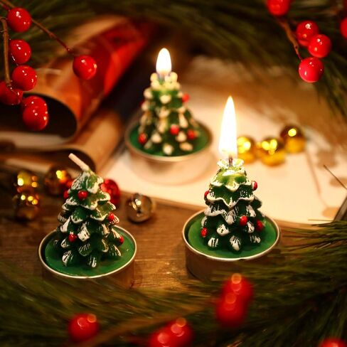 12 Pieces Christmas Tree Tealight Candles Handmade Delicate Tree Candles for Christmas Home Decoration Gifts (Green, White) in Kuwait
