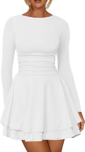 Kaximil Women's Crew Neck Long Sleeve Corset Mini Dress Ruffle Hem Short Party Club Dresses in Kuwait