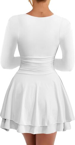 Kaximil Women's Crew Neck Long Sleeve Corset Mini Dress Ruffle Hem Short Party Club Dresses in Kuwait