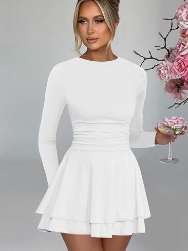Kaximil Women's Crew Neck Long Sleeve Corset Mini Dress Ruffle Hem Short Party Club Dresses in Kuwait