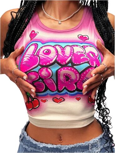 Floerns Women's Letter Print Scoop Neck Shirts Sleeveless Y2k Ribbed Tank Top in Kuwait
