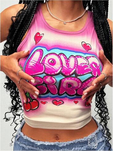 Floerns Women's Letter Print Scoop Neck Shirts Sleeveless Y2k Ribbed Tank Top in Kuwait