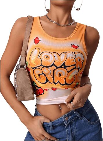 Floerns Women's Letter Print Scoop Neck Shirts Sleeveless Y2k Ribbed Tank Top in Kuwait