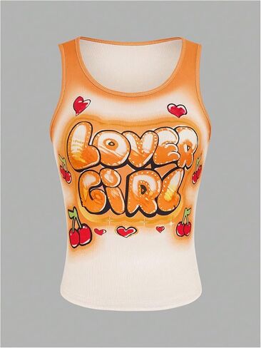 Floerns Women's Letter Print Scoop Neck Shirts Sleeveless Y2k Ribbed Tank Top in Kuwait