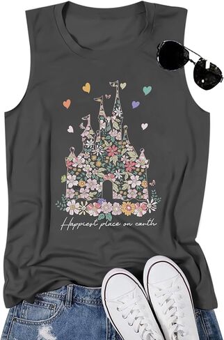 Bobeutou Magic Tank Tops Magic Kingdom Shirt Women Magical Flower Castle Graphic Tanks Vest Sleeveless Holiday Vacation Top in Saudi Arabia
