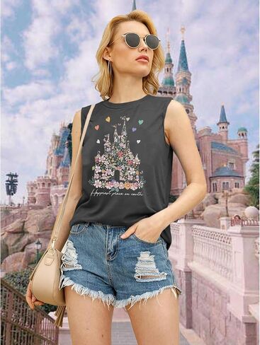 Bobeutou Magic Tank Tops Magic Kingdom Shirt Women Magical Flower Castle Graphic Tanks Vest Sleeveless Holiday Vacation Top in Saudi Arabia