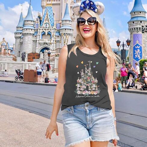 Bobeutou Magic Tank Tops Magic Kingdom Shirt Women Magical Flower Castle Graphic Tanks Vest Sleeveless Holiday Vacation Top in Saudi Arabia