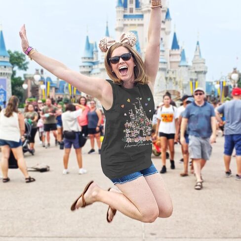 Bobeutou Magic Tank Tops Magic Kingdom Shirt Women Magical Flower Castle Graphic Tanks Vest Sleeveless Holiday Vacation Top in Saudi Arabia