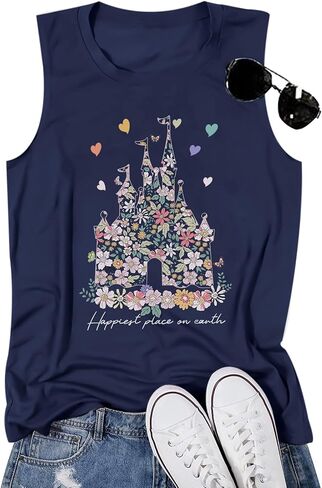 Bobeutou Magic Tank Tops Magic Kingdom Shirt Women Magical Flower Castle Graphic Tanks Vest Sleeveless Holiday Vacation Top in Saudi Arabia