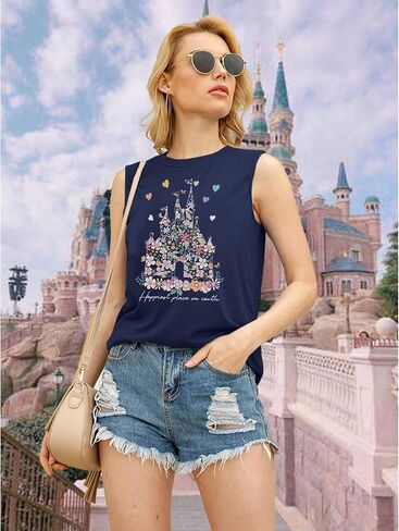 Bobeutou Magic Tank Tops Magic Kingdom Shirt Women Magical Flower Castle Graphic Tanks Vest Sleeveless Holiday Vacation Top in Saudi Arabia