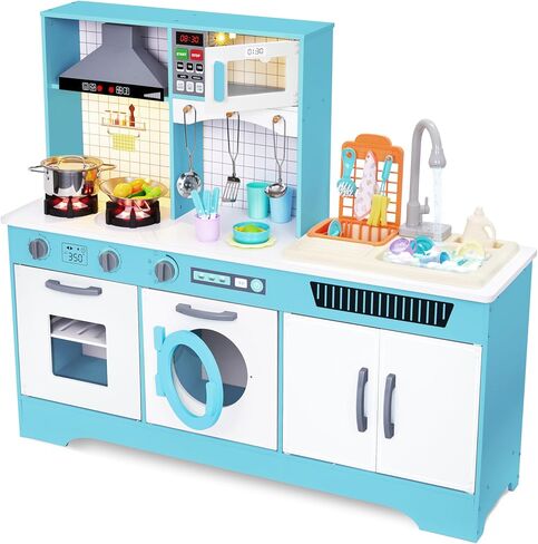 Lil’ Jumbl Kids Wooden Kitchen Set, Pretend Working Sink with Real Running Water, Includes Range Hood, Microwave & Stove Top That Make Realistic Sound & Light, Full Accessory Set Included in Kuwait