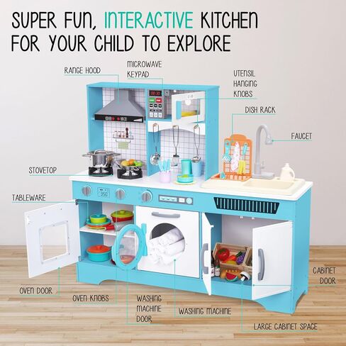 Lil’ Jumbl Kids Wooden Kitchen Set, Pretend Working Sink with Real Running Water, Includes Range Hood, Microwave & Stove Top That Make Realistic Sound & Light, Full Accessory Set Included in Kuwait