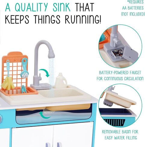 Lil’ Jumbl Kids Wooden Kitchen Set, Pretend Working Sink with Real Running Water, Includes Range Hood, Microwave & Stove Top That Make Realistic Sound & Light, Full Accessory Set Included in Kuwait