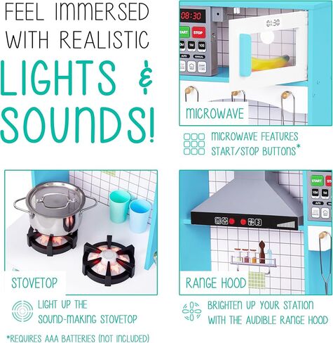 Lil’ Jumbl Kids Wooden Kitchen Set, Pretend Working Sink with Real Running Water, Includes Range Hood, Microwave & Stove Top That Make Realistic Sound & Light, Full Accessory Set Included in Kuwait