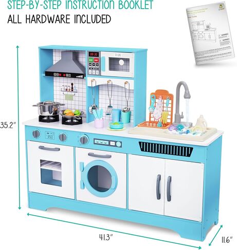 Lil’ Jumbl Kids Wooden Kitchen Set, Pretend Working Sink with Real Running Water, Includes Range Hood, Microwave & Stove Top That Make Realistic Sound & Light, Full Accessory Set Included in Kuwait