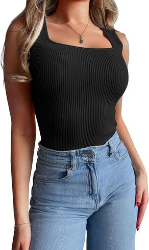 SAMPEEL قمصان بدون أكمام مضلعة للنساء برقبة مربعة صيفية بدون أكمام in Kuwait