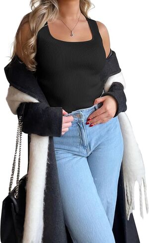 SAMPEEL قمصان بدون أكمام مضلعة للنساء برقبة مربعة صيفية بدون أكمام in Kuwait