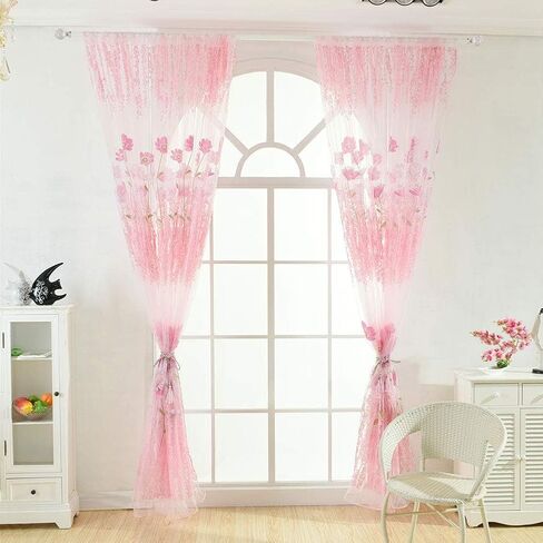 Sheer Curtains, Rod Pocket Floral Sheer Voile Curtain Tulle Transparent Window Curtains Cute Flower Pattern Curtain for Bedroom(Pink) in Saudi Arabia