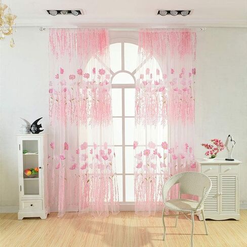 Sheer Curtains, Rod Pocket Floral Sheer Voile Curtain Tulle Transparent Window Curtains Cute Flower Pattern Curtain for Bedroom(Pink) in Saudi Arabia
