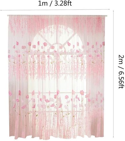 Sheer Curtains, Rod Pocket Floral Sheer Voile Curtain Tulle Transparent Window Curtains Cute Flower Pattern Curtain for Bedroom(Pink) in Saudi Arabia