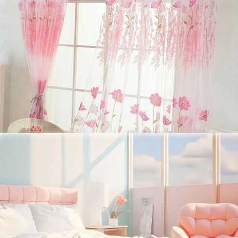 Sheer Curtains, Rod Pocket Floral Sheer Voile Curtain Tulle Transparent Window Curtains Cute Flower Pattern Curtain for Bedroom(Pink) in Saudi Arabia