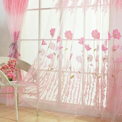 Sheer Curtains, Rod Pocket Floral Sheer Voile Curtain Tulle Transparent Window Curtains Cute Flower Pattern Curtain for Bedroom(Pink) in Saudi Arabia