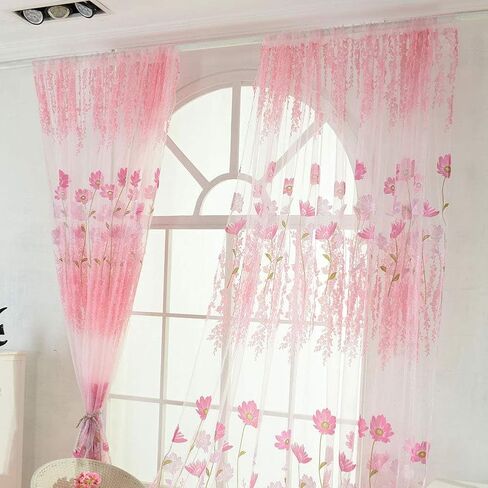Sheer Curtains, Rod Pocket Floral Sheer Voile Curtain Tulle Transparent Window Curtains Cute Flower Pattern Curtain for Bedroom(Pink) in Saudi Arabia