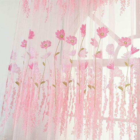 Sheer Curtains, Rod Pocket Floral Sheer Voile Curtain Tulle Transparent Window Curtains Cute Flower Pattern Curtain for Bedroom(Pink) in Saudi Arabia
