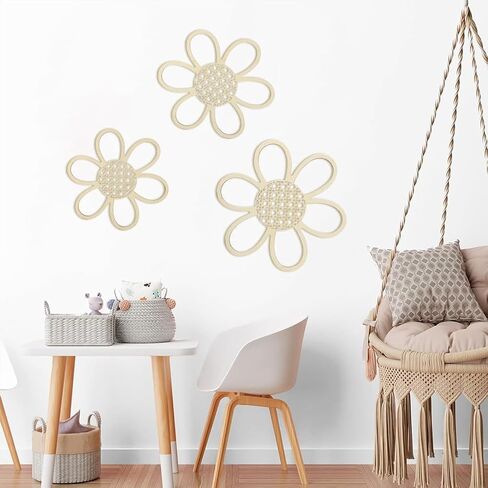 3 Pieces Boho Decor Natural Rattan Flower Wall Decor Art Wooden Boho Nursery Decor Wall Decor for Home Nursery(Classic Color)(Color:Brown) in Saudi Arabia