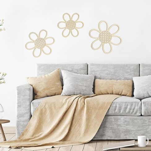 3 Pieces Boho Decor Natural Rattan Flower Wall Decor Art Wooden Boho Nursery Decor Wall Decor for Home Nursery(Classic Color)(Color:Brown) in Saudi Arabia